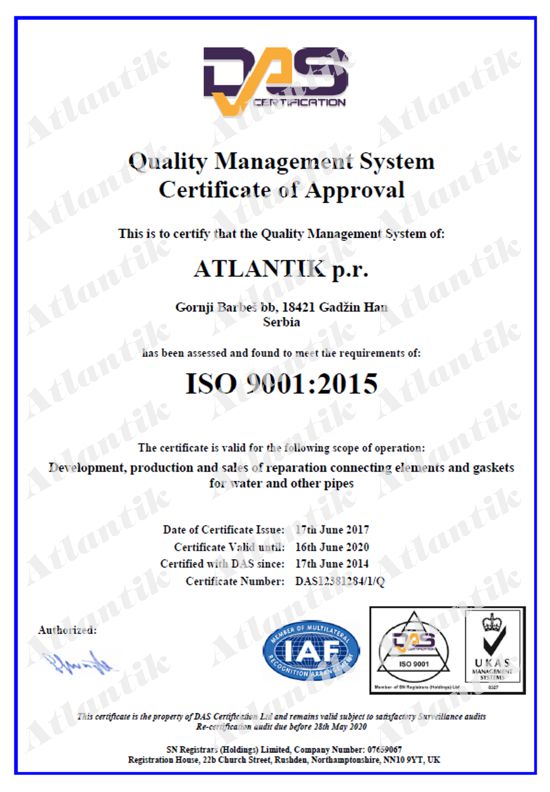 Сертификаты - ISO 9001:2015 Atlantik